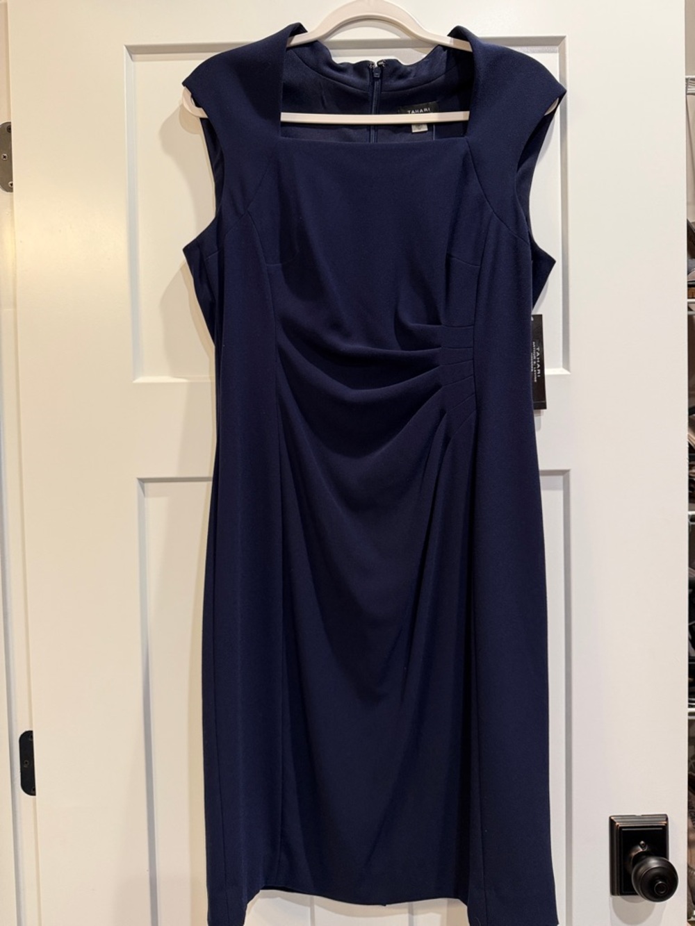 Tahari ASL Navy Blue Sleeveless Ruched Sheath Midi Dress Size 10 New